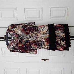 NEW. WINE print 3/4 sleeve ruffled dress